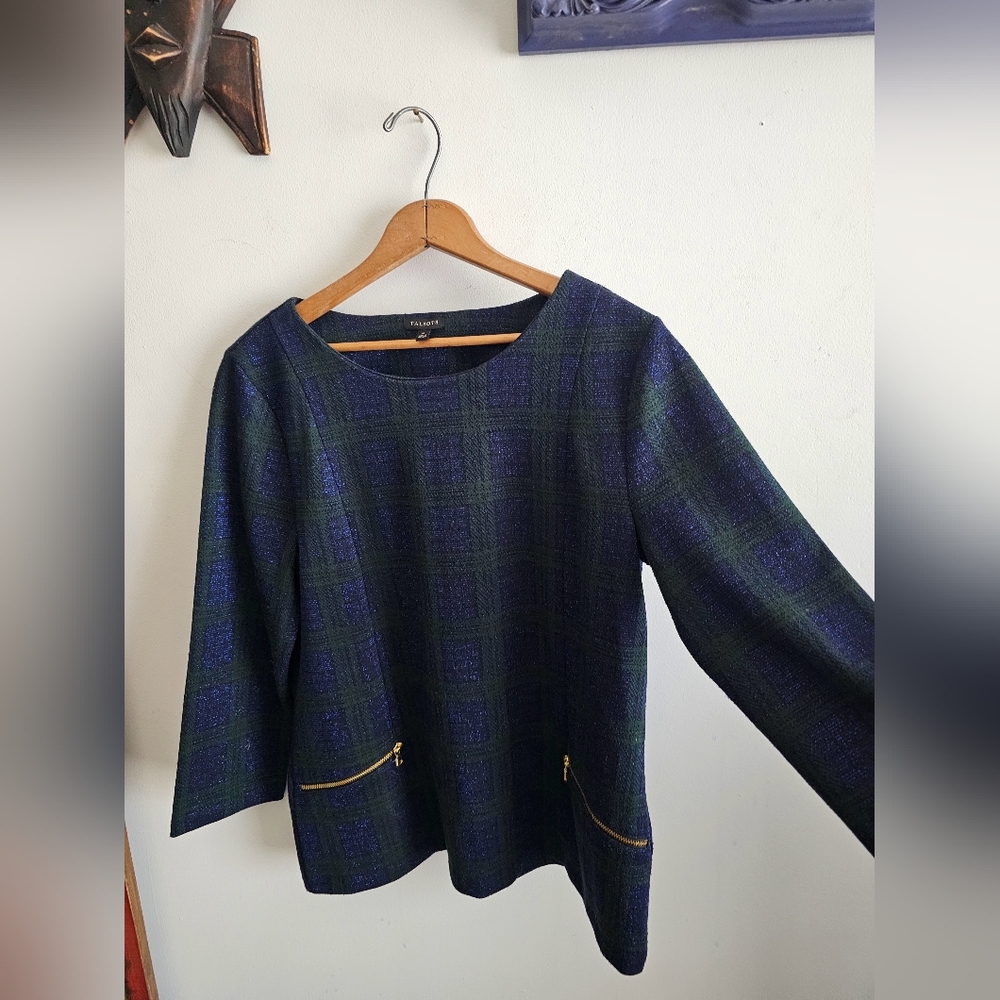 NWOT Talbots Preppy Old Money Plaid Long Sleeve Top with Zipper Pockets - Picture 3 of 9